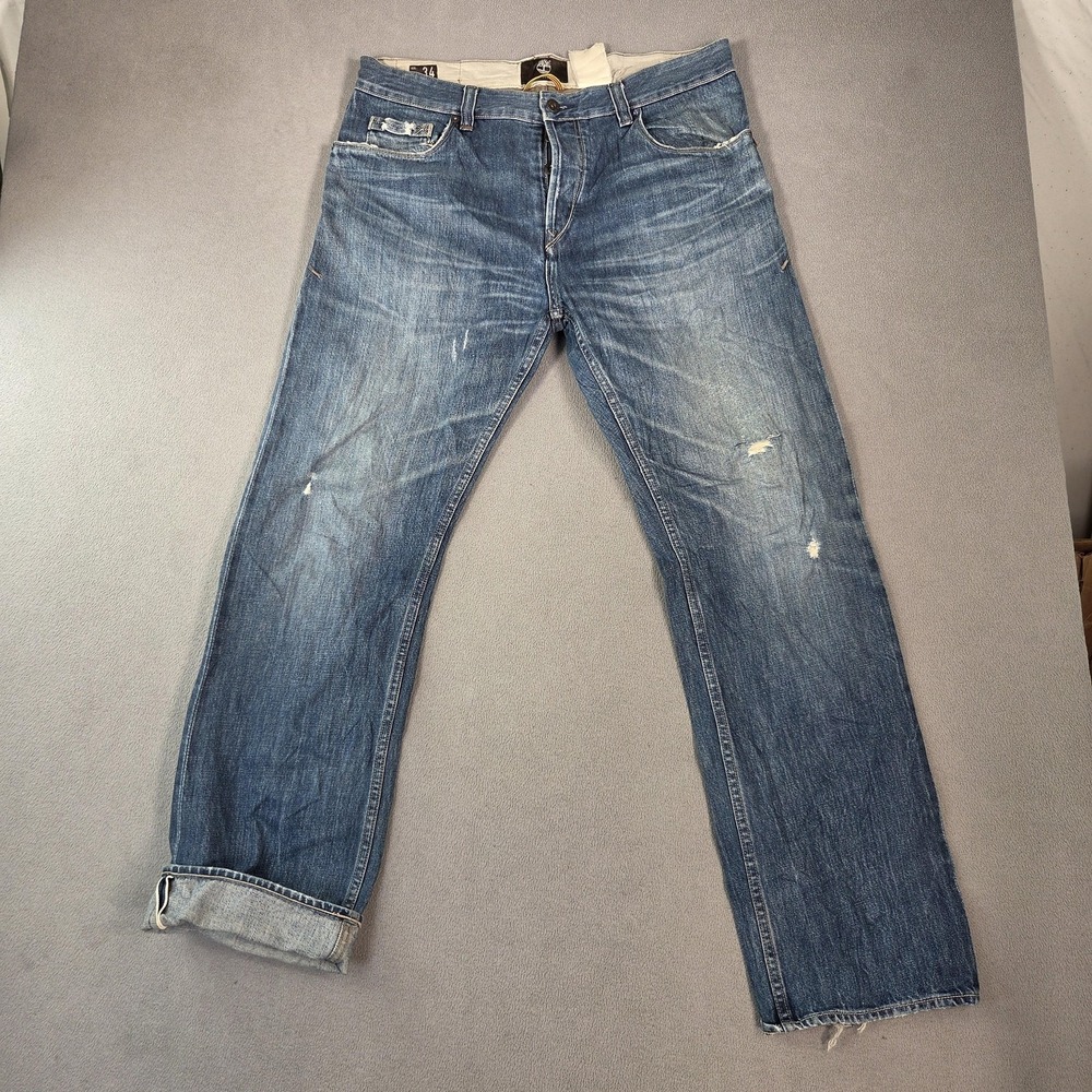 Timberland Jeans Mens 34 Blue Ellsworth Button Fly Ellsworth Straight‎ Leg Denim